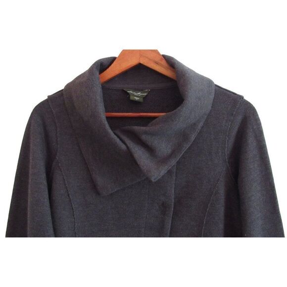 Eddie Bauer Dk Gray Moto Raw Edge Cardigan Sweater Snap Front Cowl Neck Jacket M - Picture 2 of 5